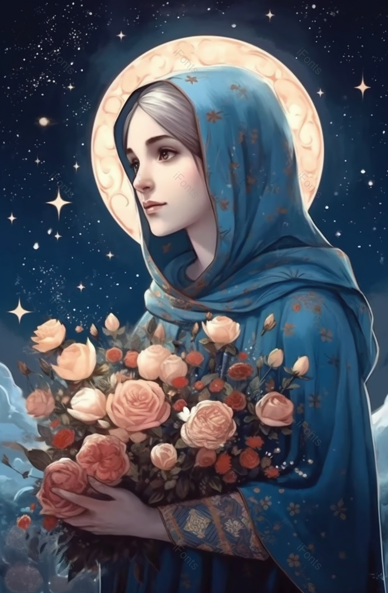 星空下手捧花复古风女孩花背景,插画/手绘图,插画/手绘图库,插画/手绘图下载,插画/手绘